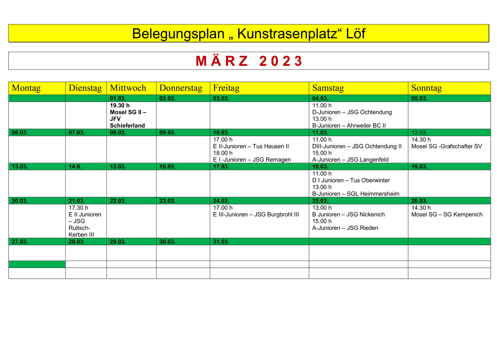 Belegungsplan SV Hatzenport-Löf März 2023