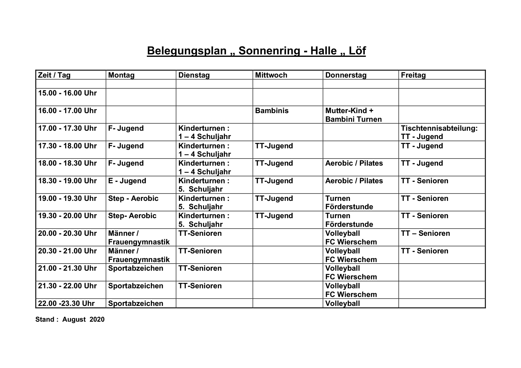 Belegungsplan SV Hatzenport-Löf