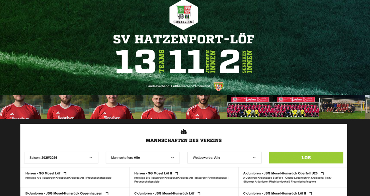 Screenshot von Fußball.de | Übersicht mit allen Mannschaften des SV Hatzenport-Löf 
